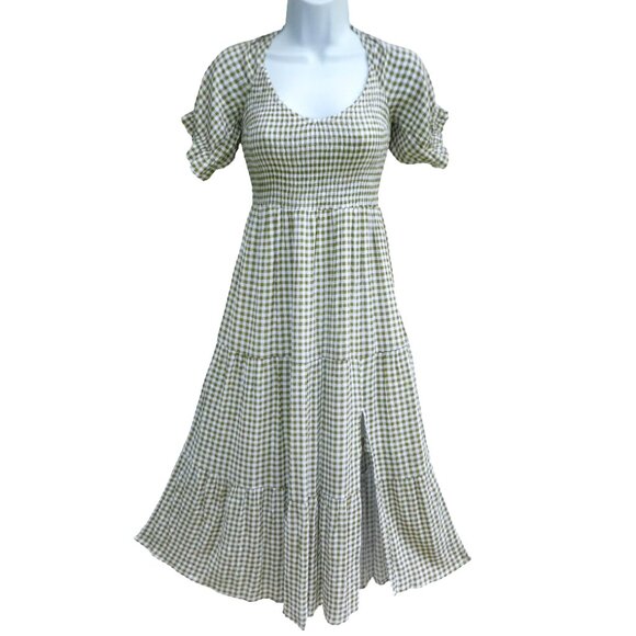 Abercrombie & Fitch Dresses & Skirts - Abercrombie & Fitch Midi Dress Green White Gingham Smocked Bodice Puff Slv Tier
